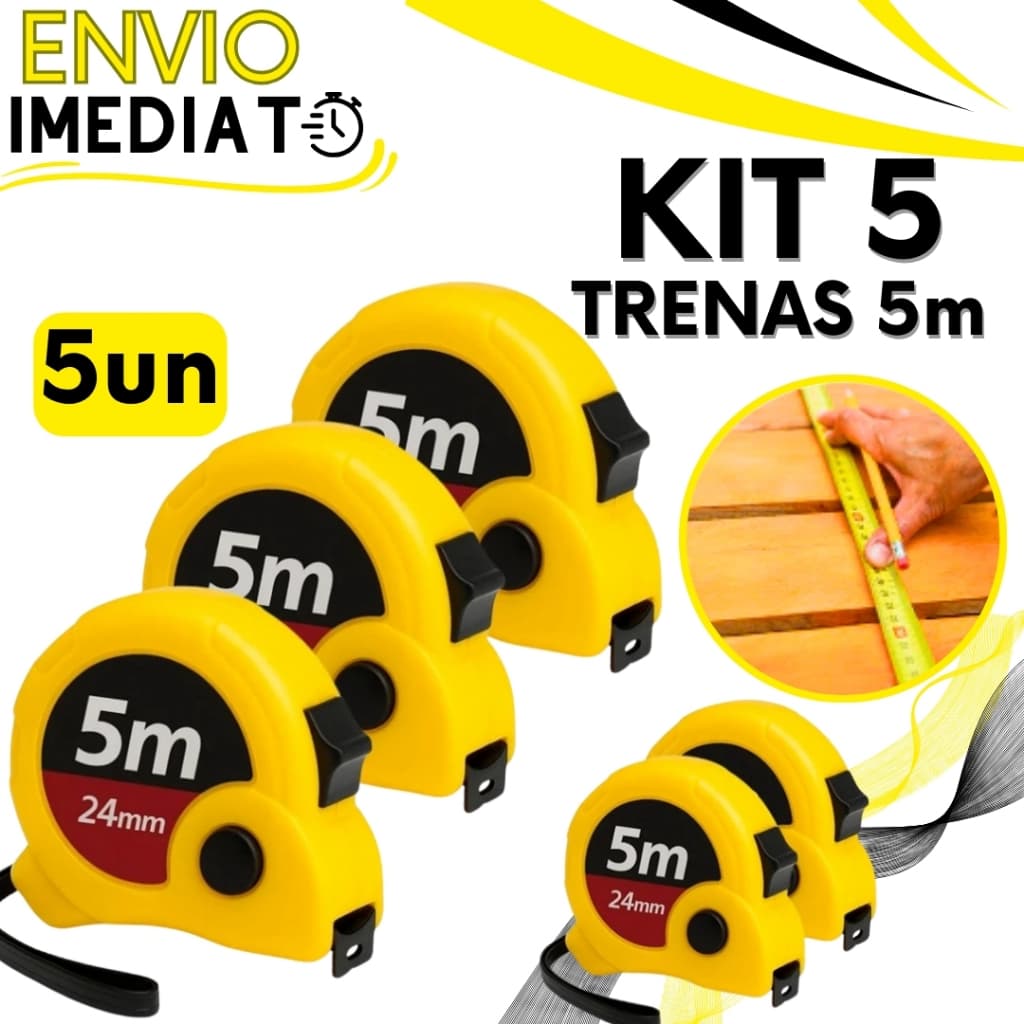 KIT Jogo 5 Trenas Métrica de Medição 5 Metros Profissional Fita Métrica Retrátil Com Trava Para Obras e Reforma