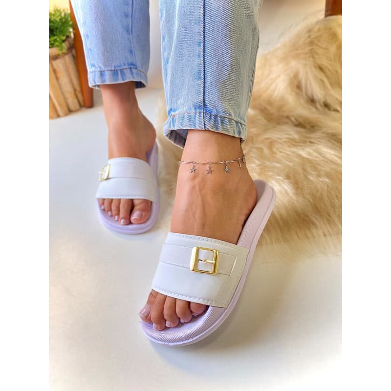 SANDALIA CHINELO SLIDE PALA FEMININO TENDENCIA FIVELA DETALHE DE METAL LANÇAMENTO ORIGINAL