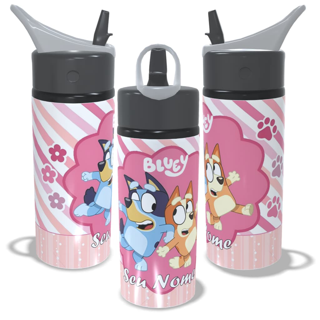 Garrafa Infantil Bluey Aluminio 600ml Personalizada COM NOME com Canudo e Bico Retratil