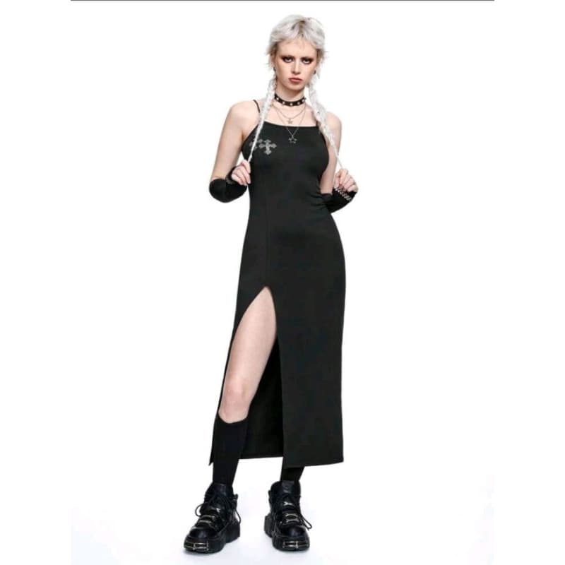 ROMWE Goth Vestido sólido com fenda lateral e alça de strass versátil para mulheres (G)