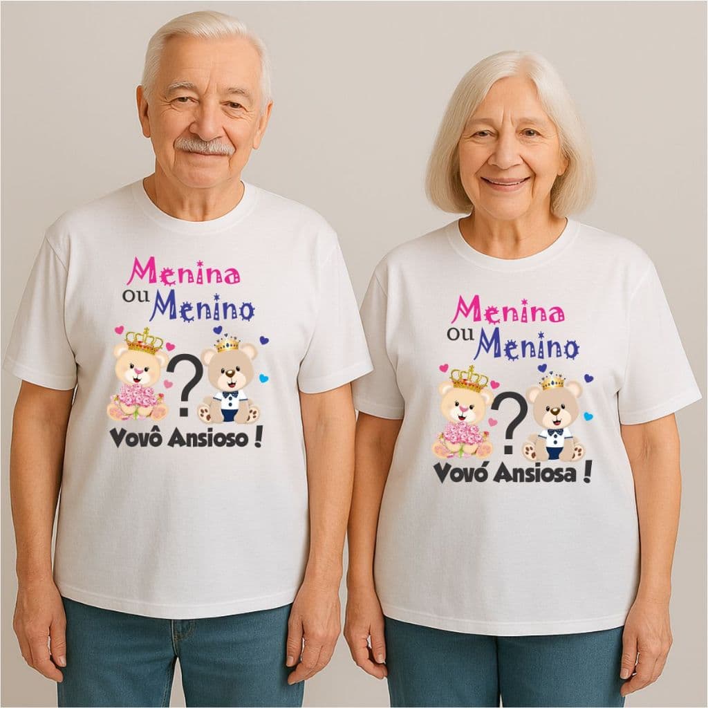 2 camisas para chá revelação ursinhos príncipes rosa e azul esc vovô e vovó ansiosos
