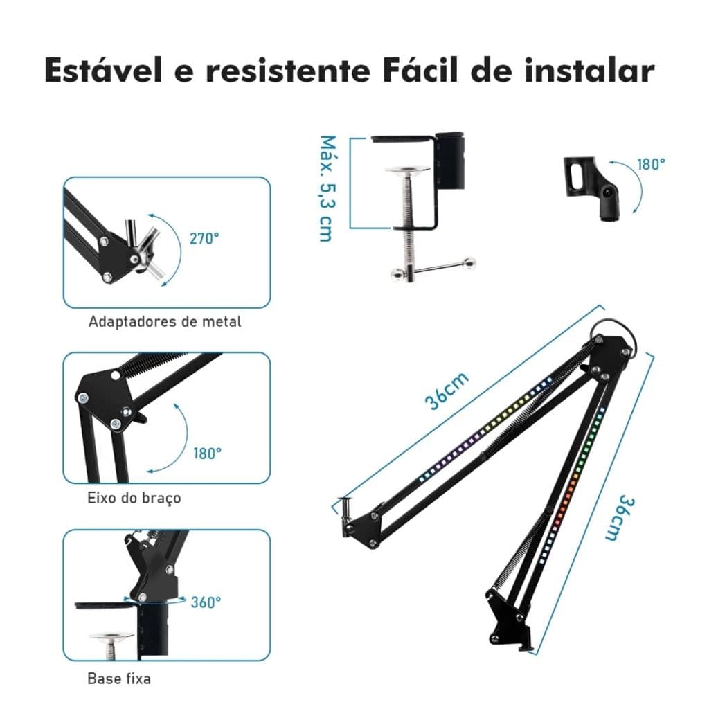 Suporte para Microfone Celular Braço Articulado e Iluminação RGB Ajustável Gamer Profissional Reforçado Metal + Controle