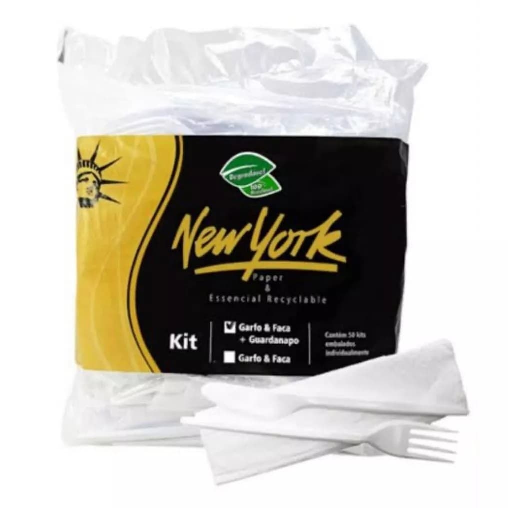 Kit Garfo & Faca + Guardanapo Descartáveis New York Embalados Individualmente Pacote 50 Kits