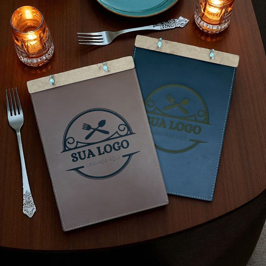 Cardápio Prancheta Luxo A4 Personalizável em Couro Sintético + MDF