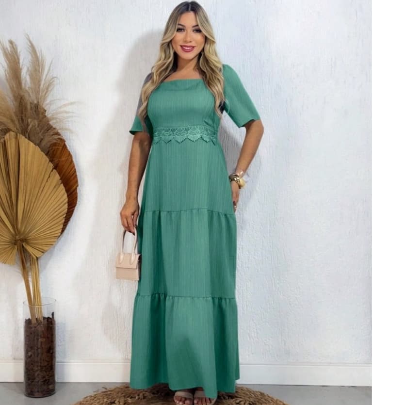vestido longo 1manga curto detahle renda na frente elastex nas costas