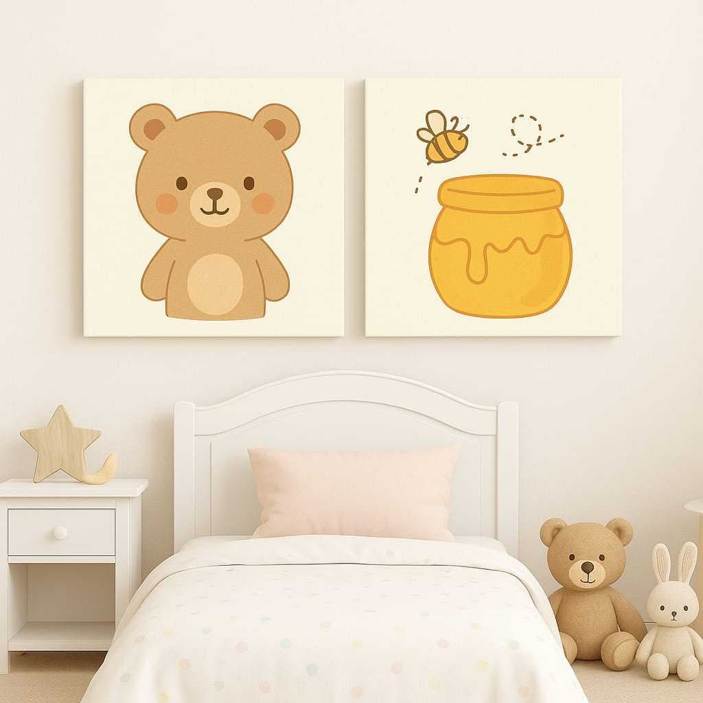 Quadro Decorativo 2 Peças Ursinho Quarto Infantil Com Fita Dupla Face 20x20cm ou 20x30cm