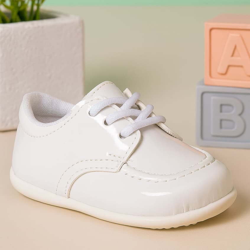 Tênis Infantil Bebê Menino Manina Sapato Social Cadarço Verniz Branco Casamento Batizado Casual