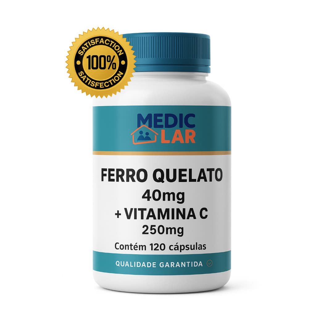 FERRO QUELATO 40mg+VITAMINA C 250mg Medic Lar Certificado 30, 60, 90 ou 120 Cápsulas