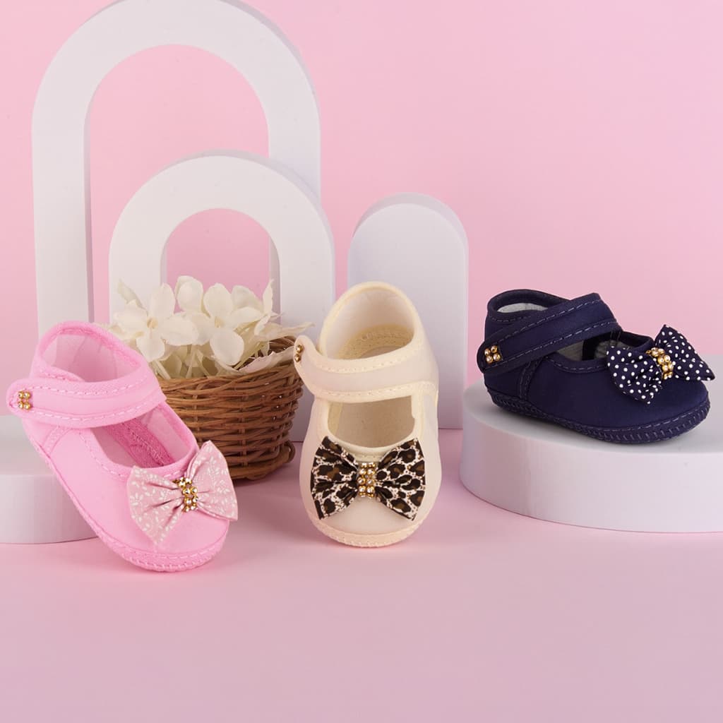 Sapatilha Infantil Bebê Menina Bege Laço Poá Animal Print Strass Confortável Elegante Passeio Festa