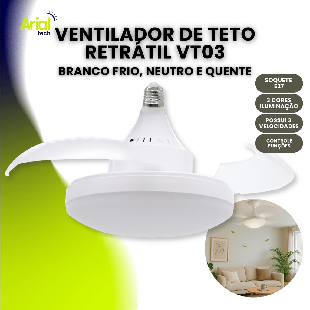 Ventilador de Teto Retrátil com Luz Silencioso Controle Remoto Moderno Ajustável VT03