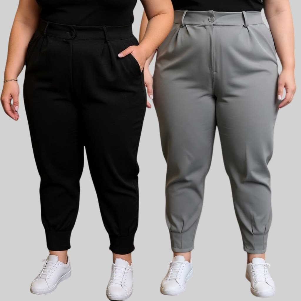Kit 2 Calças Plus Size Feminina Social Elegante Com Zíper Na Perna Barra Moderna Cenoura Cós Largo