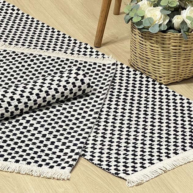 Kit Tapete Passadeira de Tear 3 Peças Jogo Xadrez Algodão Casa Quarto Sala Escritorio Decoração