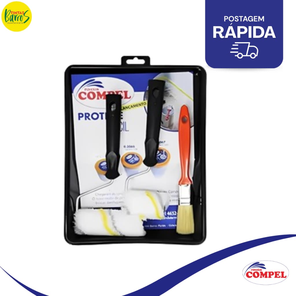 KIT PINTURA 4 PEÇAS COM BANDEJA PINCEL 2 ROLOS DE LÃ COMPEL