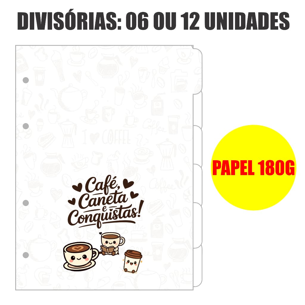 Divisórias Tamanho Colegial Papel 180Gramas Grosso - Tema Cafezinho - Escolha 6 ou 12 Unidades