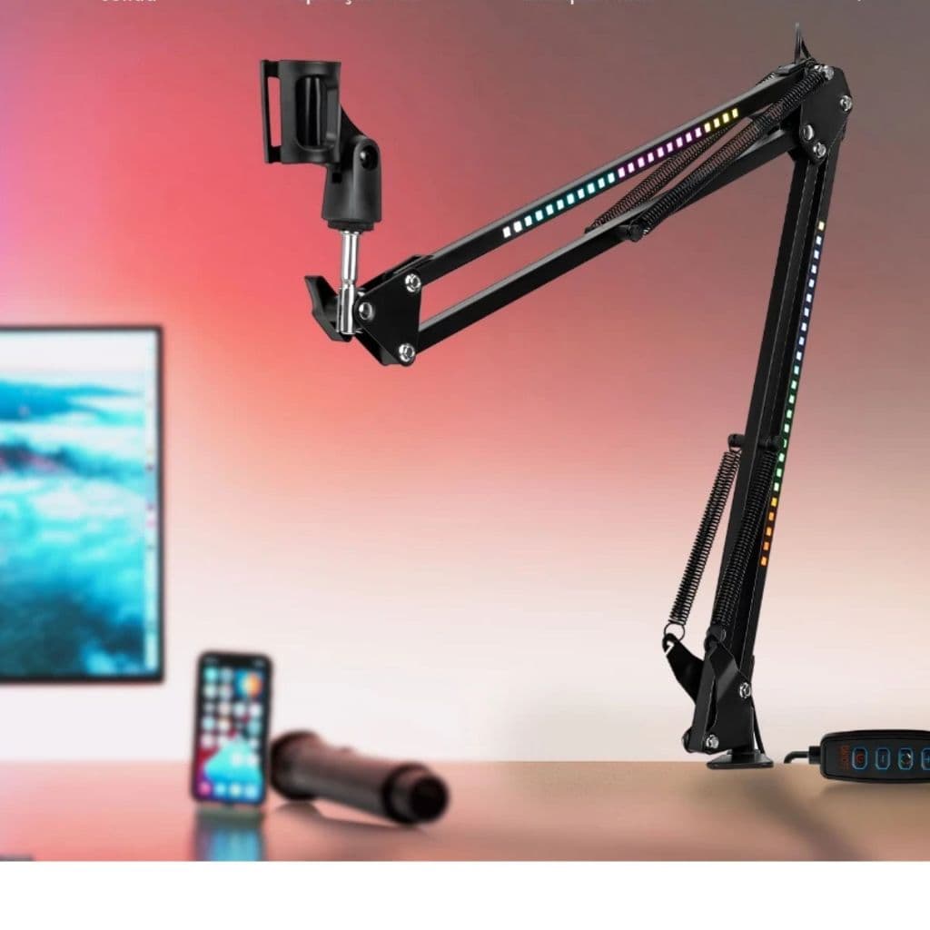 Braço Articulado Iluminado Led RGB Universal Streaming Gamer Estúdio P/ Celular Microfone de Mesa Aço Metal  + Controle