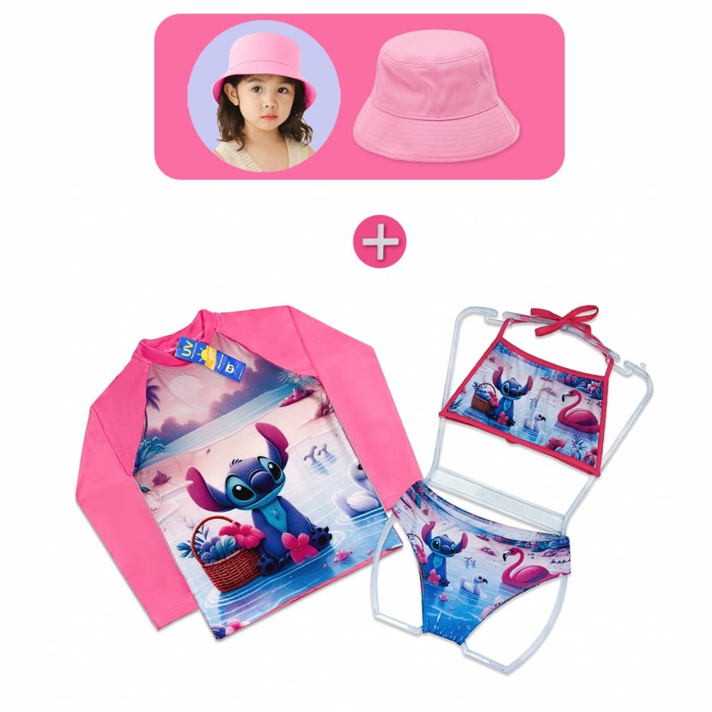 Conjunto UV infantil Biquíni Completo + Bucket Proteção Solar Praia Verão Meninas