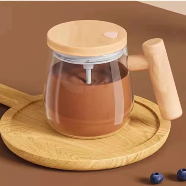 Caneca Auto Agitadora De Café Com Cabo De Madeira 400ml Elétrica 7000rpm Alta Velocidade Vidro