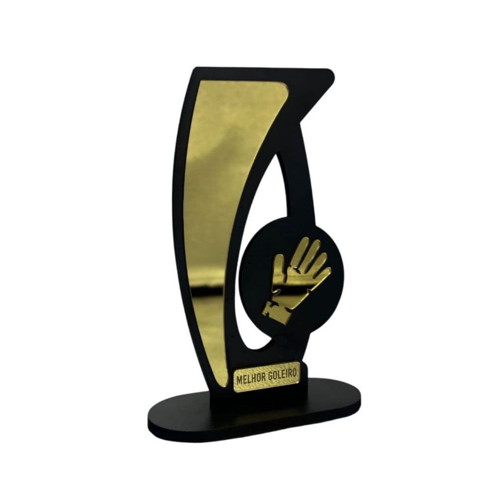 Troféu Melhor Goleiro Em Mdf Acrílico Preto Dourado Espelhado 20cm