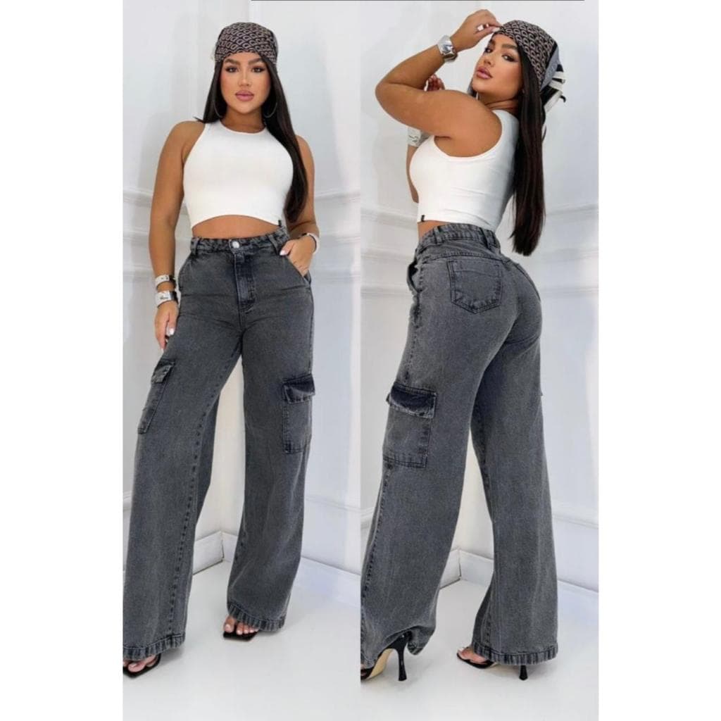 Calça Cargo Jeans  Feminina Cintura Alta - novo