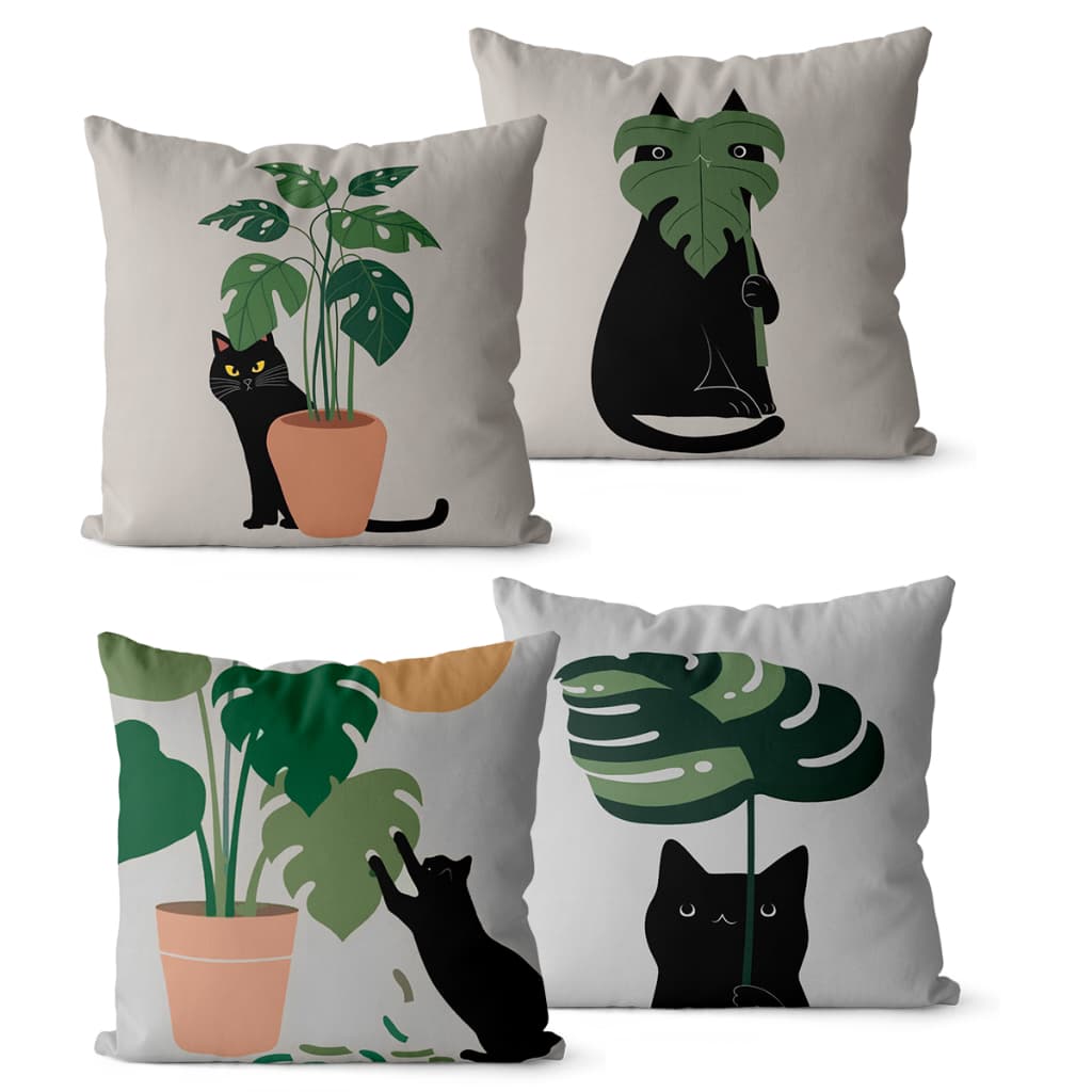 Kit 4 Capas de Almofadas Decorativas  45x45 - Gatos Plantas