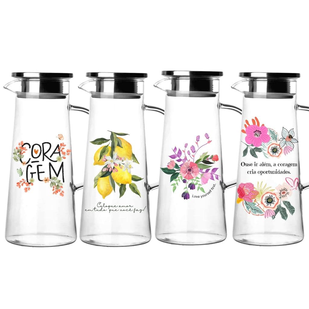 1 Jarra Vidro 1.3L Com Tampa Inox Personalizada C/ Frases e Flores Mesa Posta Criativa