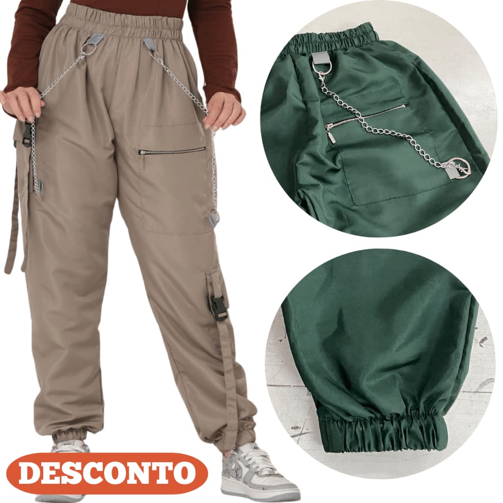 CALÇA PANTALONA JOGGER FEMININA EN TECIDO LEVE E FINO DUAS CORRENTES BOLSOS CARGO MODA GRINGA STREETWEAR