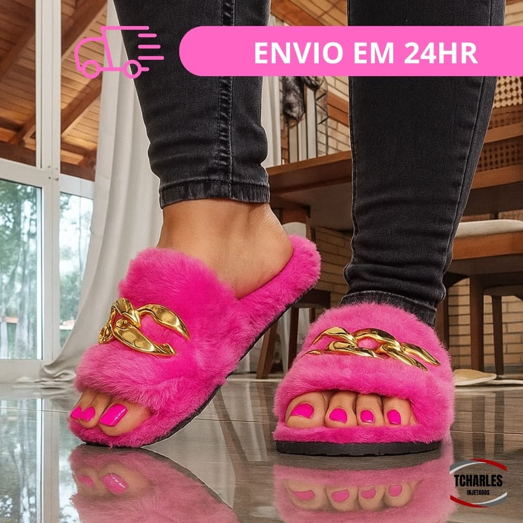 Chinelo Slide Feminino Pelúcia Confortável Pelinho Pantufa