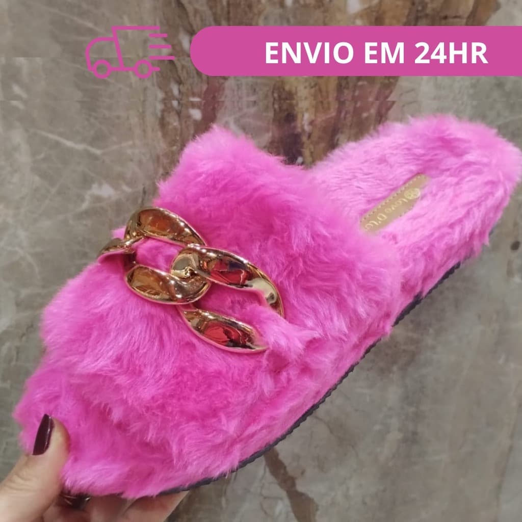 Pantufa Chinelo de Pelúcia com Corrente Dourada