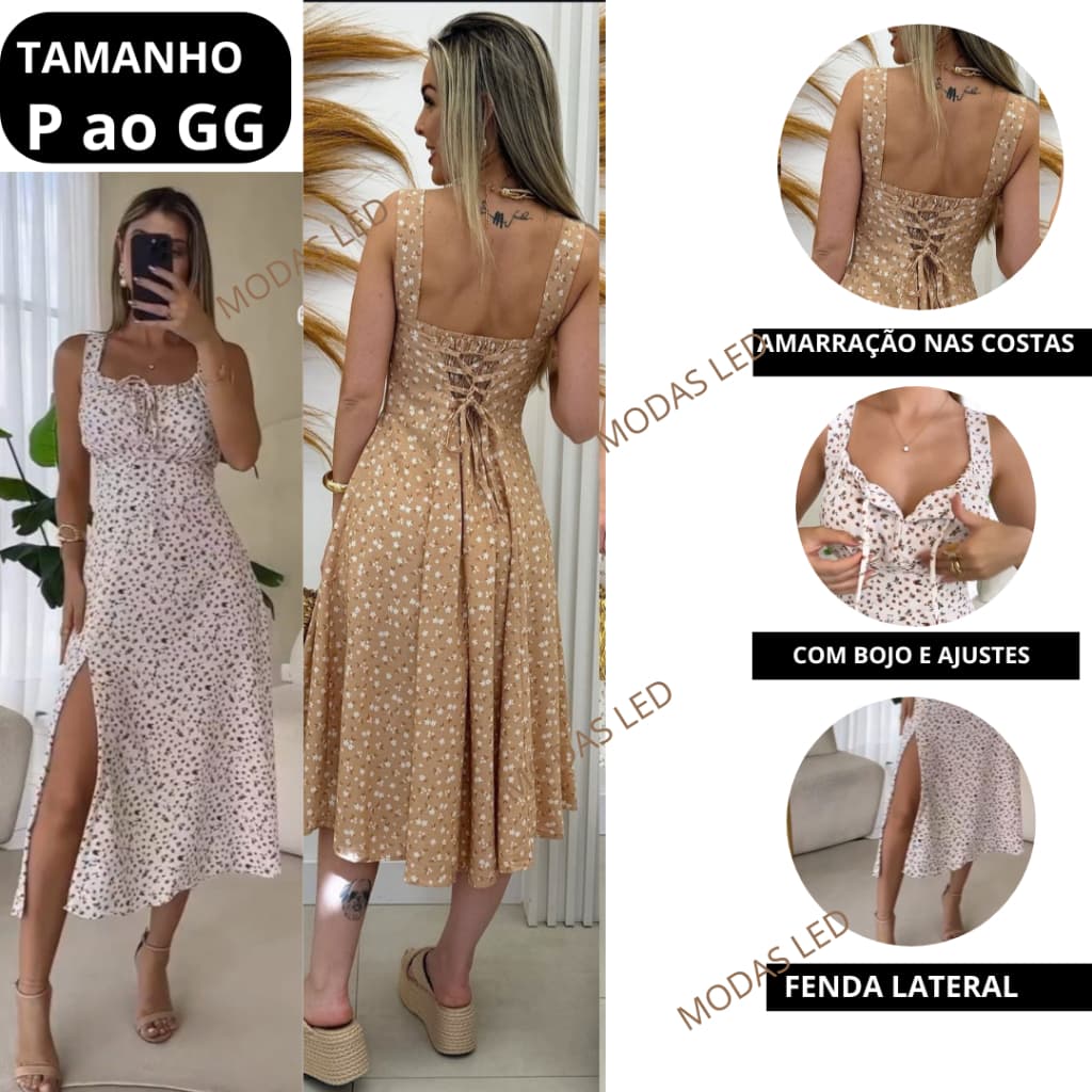 Vestido Midi Estampados Floral Feminino com Alça Romatico sen Manga de P ao GG