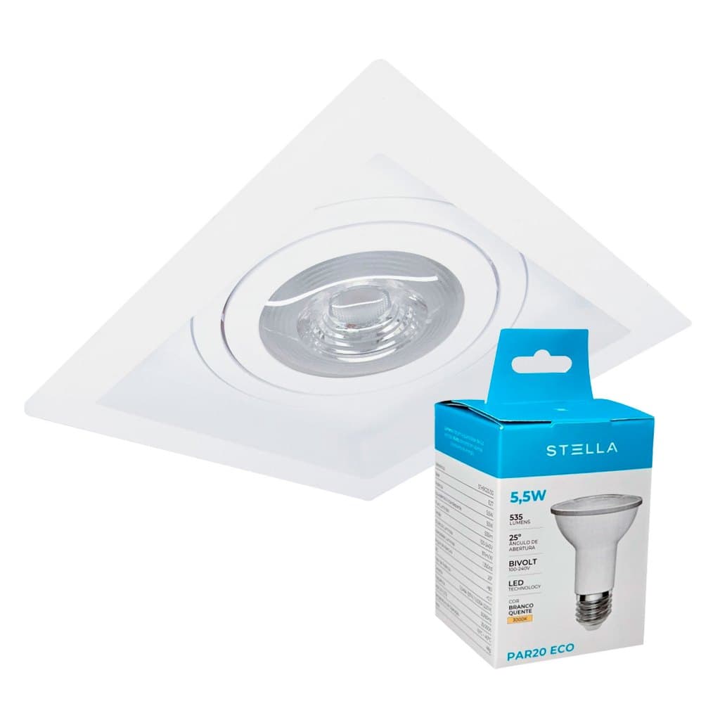 Spot de Embutir Recuado PAR20 com Lâmpada LED Stella 5,5W 3000K Bivolt ABS Base E27