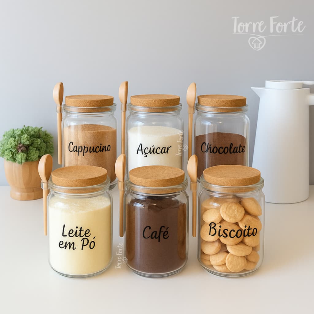 Potes De Vidro Com Colher Tampa de Cortiça Porta Mantimentos 650ml Personalizado Cantinho Do Café