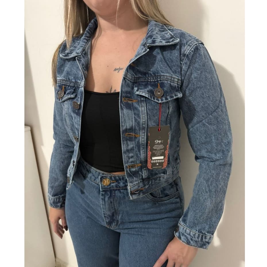 Jaqueta Jeans Feminina Casual Sem lycra com Botão Metálico