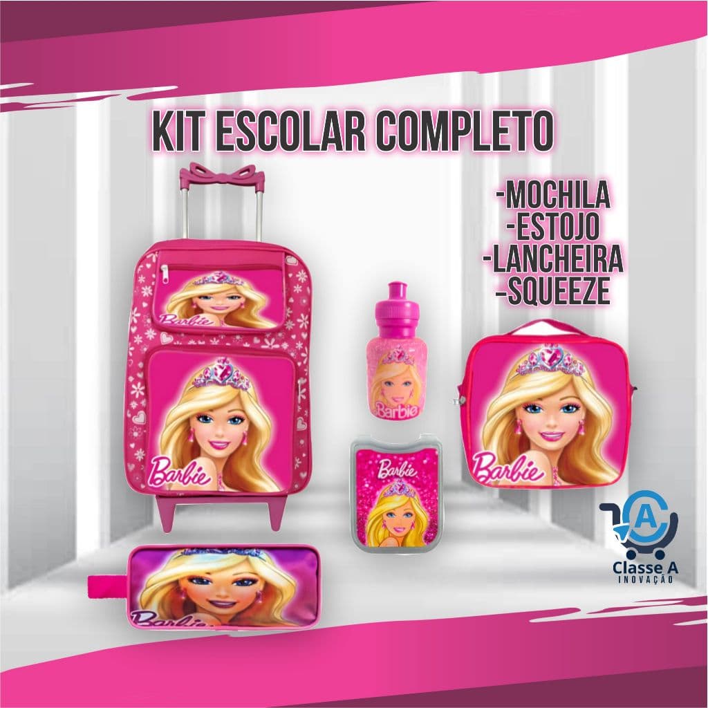 Kit Escolar Completo Mochila Rodinha Costas Lancheira Térmica Estojo Feminino Personagem Barbie