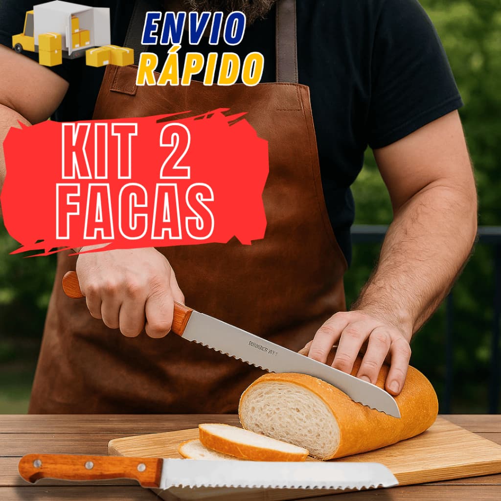 Kit 2 Facas Para Pão Cabo De Madeira Serra Serrilhada Grande 8 Bolo Profissional 32cm Cozinha Talher