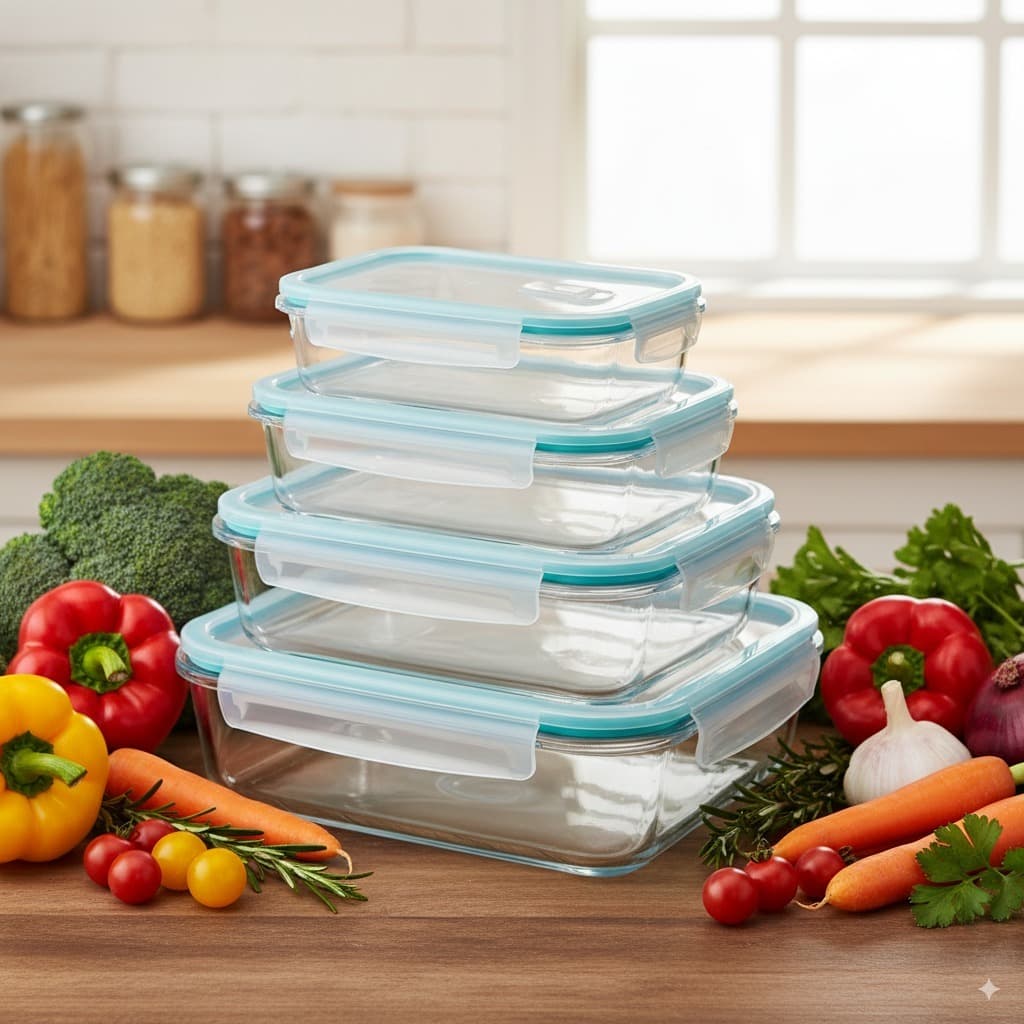 Conjunto 4 Potes de Vidro Tampa Hermética Organizador Marmita Alimentos Retangular Anti Vazamento