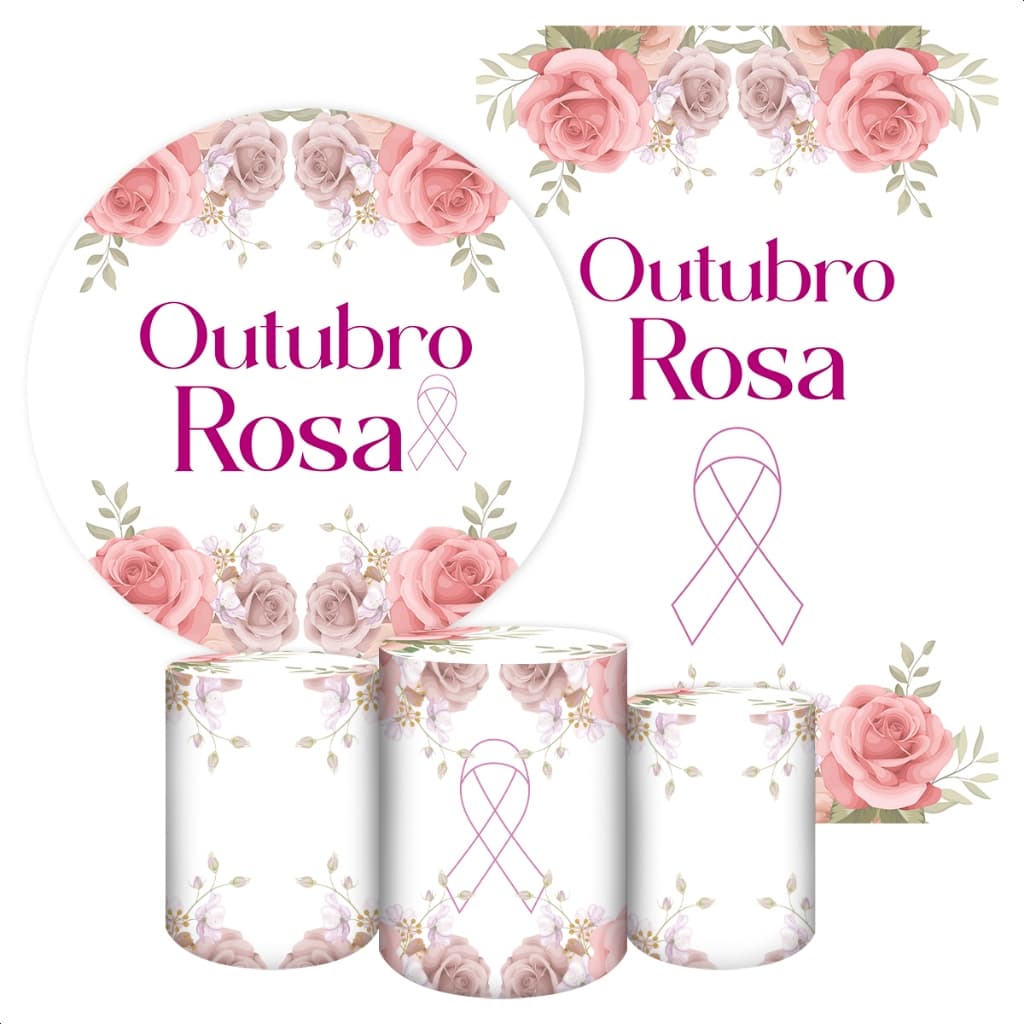 Kit Capa Painel Redondo + 3 Cilindros, Retangular, Romano, Mesa, Capa Porta sublimados Para Festas Tema Outubro Rosa