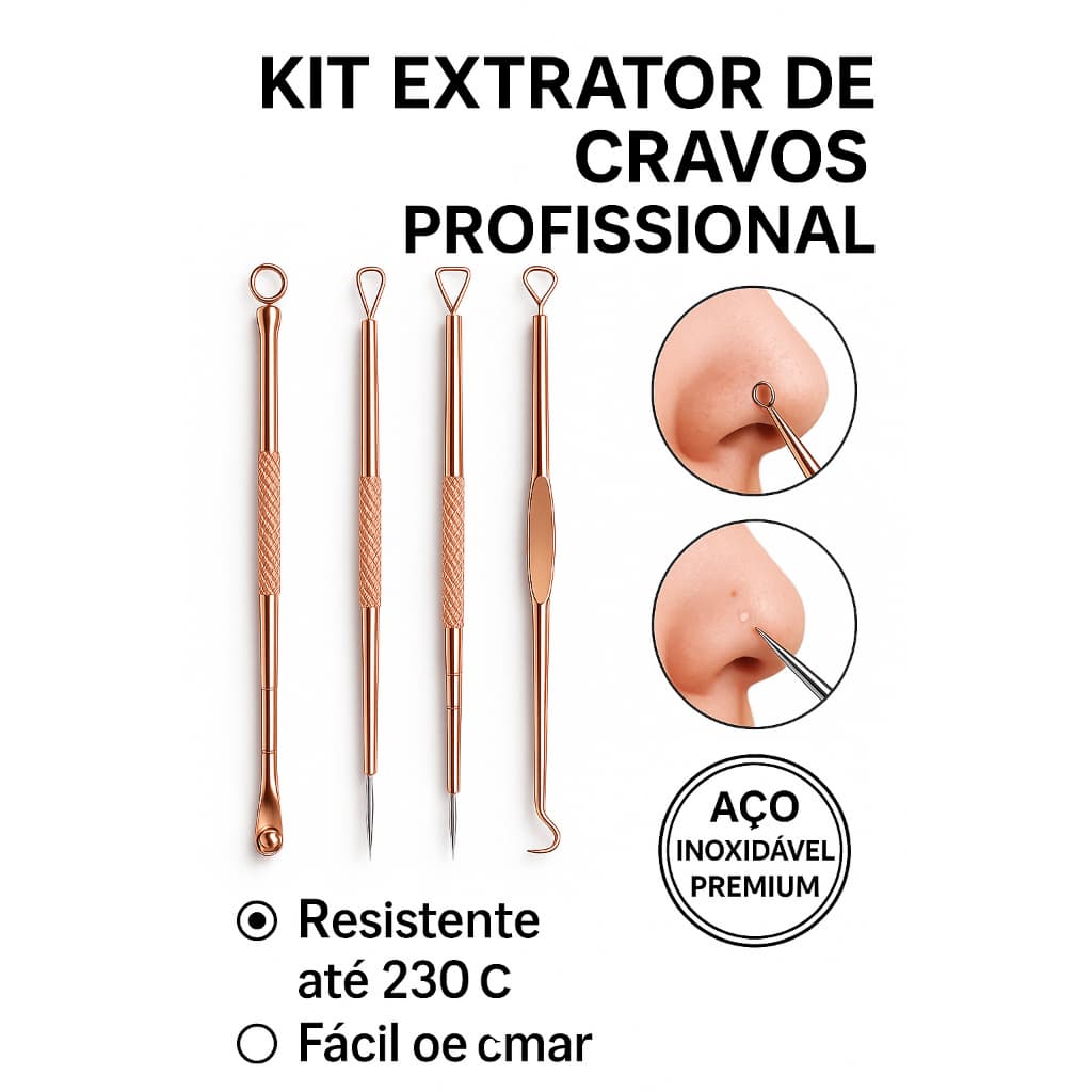 Kit c/4 Extrator Agulha Tira Acne Removedor de Cravos e Espinhas de Aço Inoxidável Limpeza de Pele