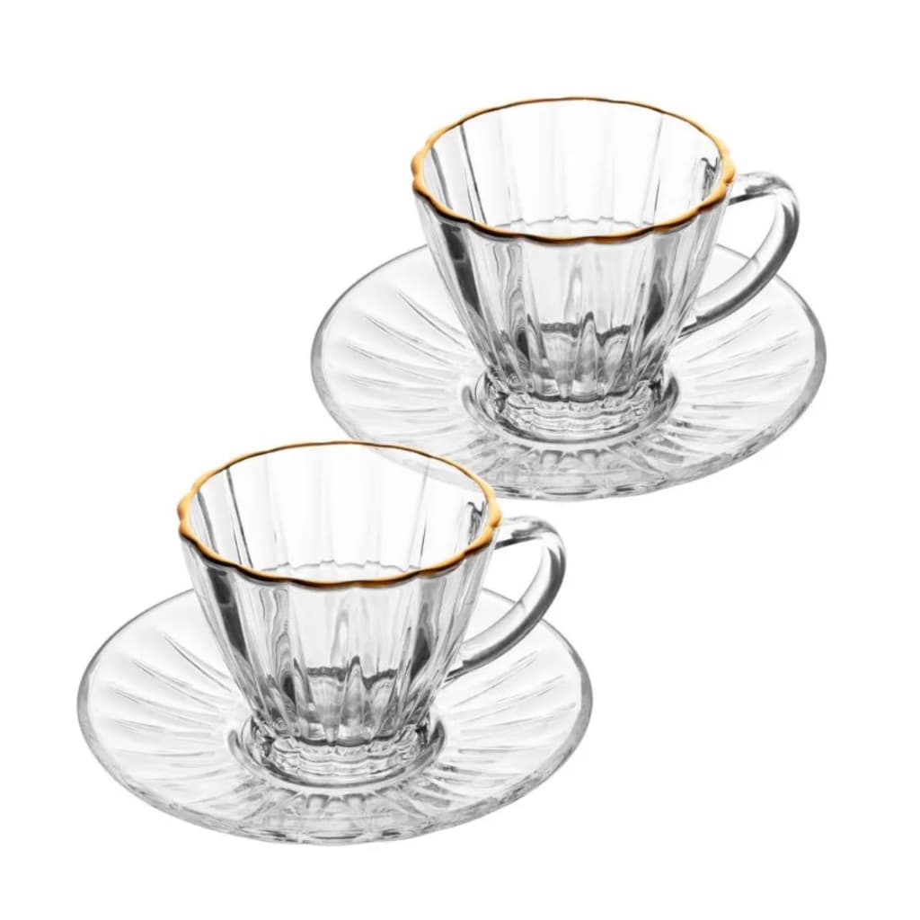 Conjunto 2 Xícaras Para Café Com Fio De Ouro E Pires - Lyor Vidro 180 ml