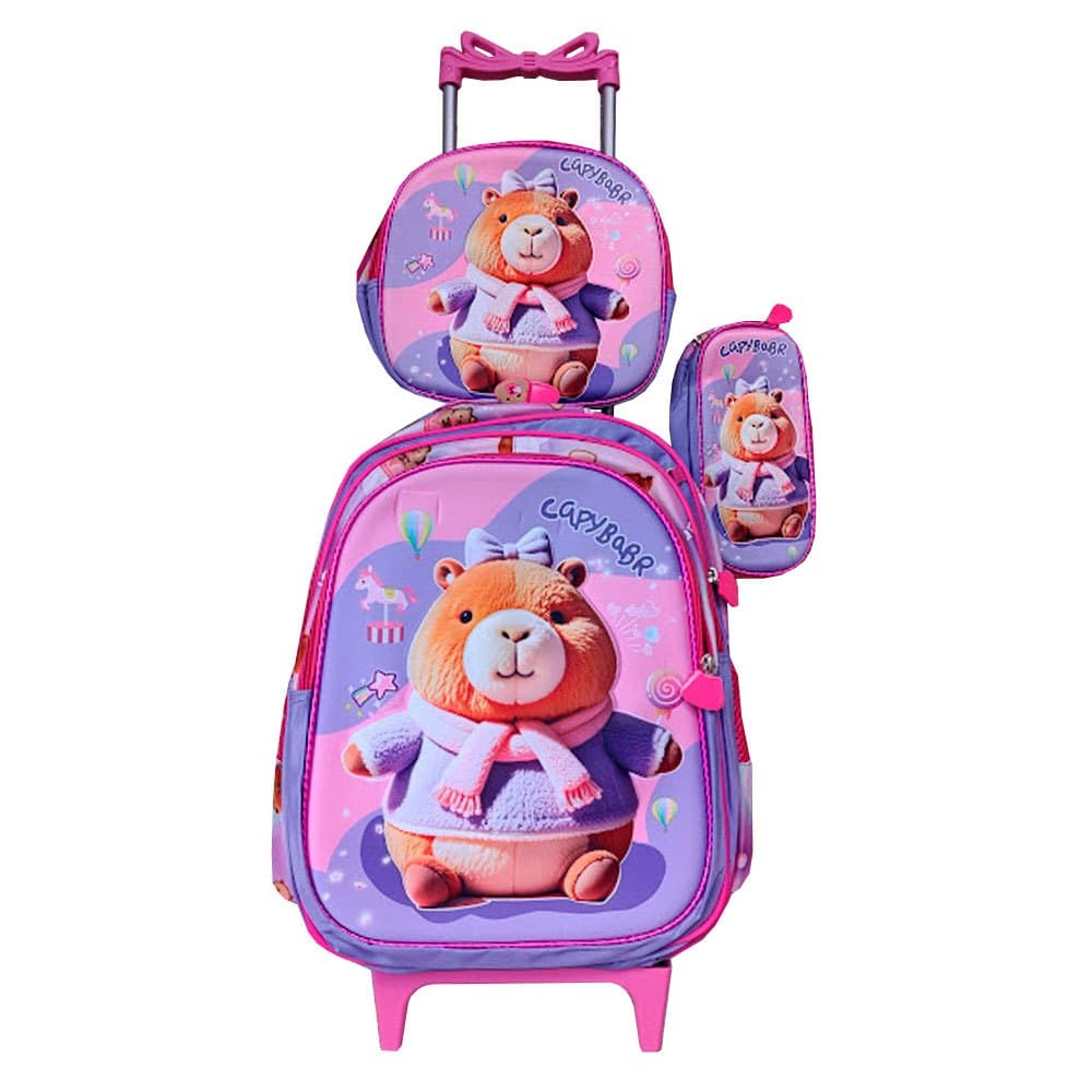 Kit Mochila Capybara Capivara Lilás em 3D com Rodinhas + Lancheira Térmica + Estojo escolar Infantil