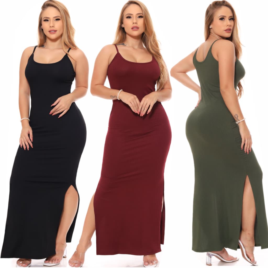 Vestido longo Alça Fina ,Fenda lateral ,com Bojo Canelado Liso Moda  Tubinho
