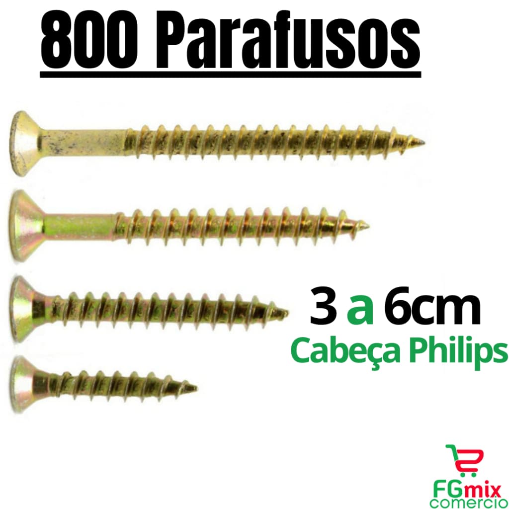 Parafuso Madeira Philips 800 peças Kit Parafusos Móveis Alvenaria 30mm 40mm 50mm 60mm