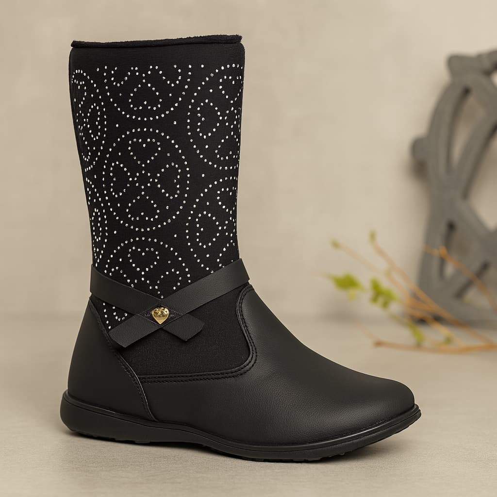 Bota Infantil Menina Texana Feminina Com Aplique de Hotfix Rodeio preta Detalhes Brilho Confortável
