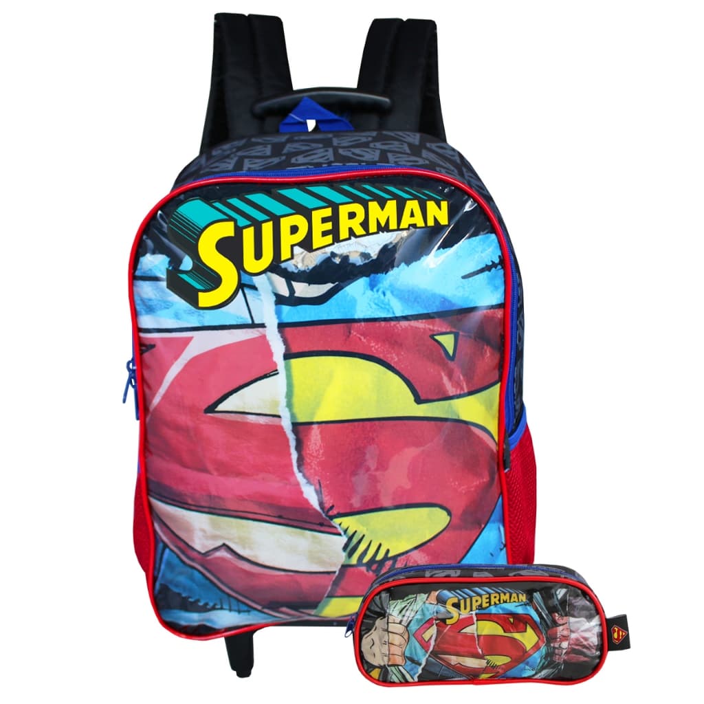 Kit Mochila De Rodinhas Do Superman Com Estojo Infantil Escolar do Super Man Dc Comics