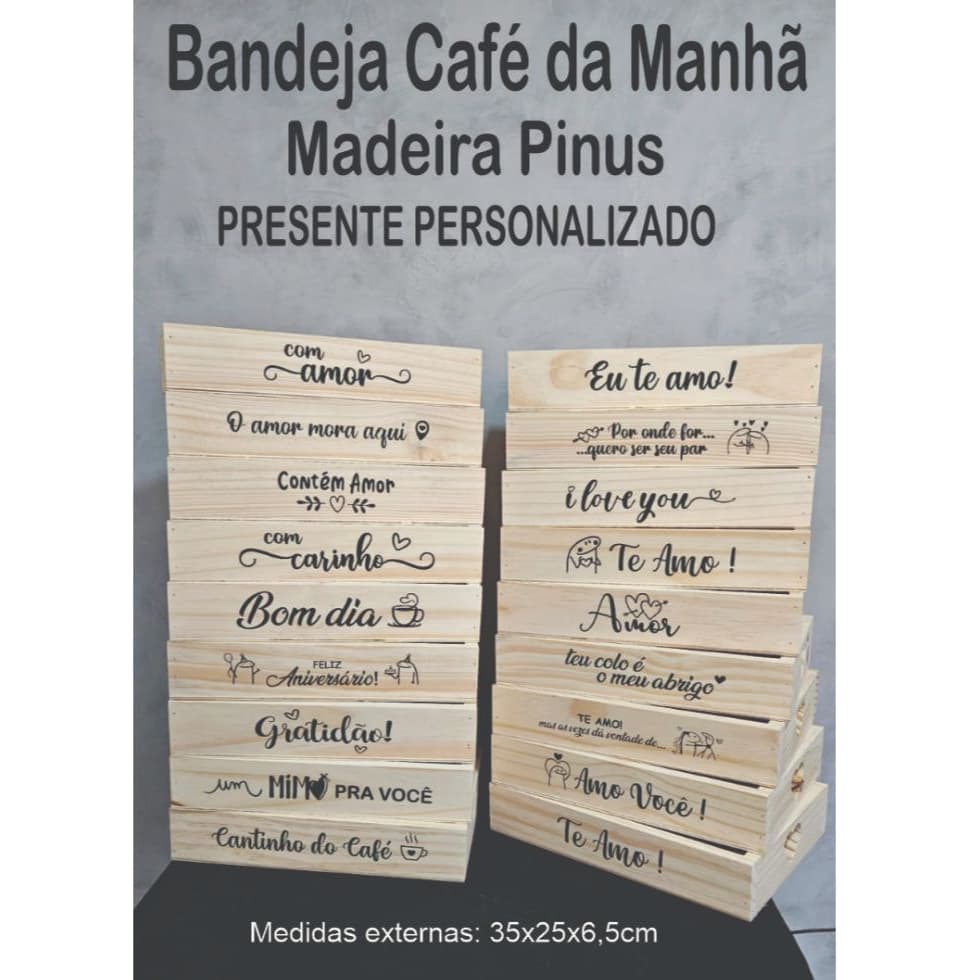 Bandeja Café da Manhã de Madeira Pinus com Alça em Coração 35x25x6,5 – Presente Personalizado