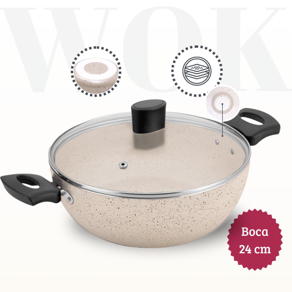 Panela Frigideira Wok Paeja Paella Yakissoba Antiaderente Tampa de Vidro