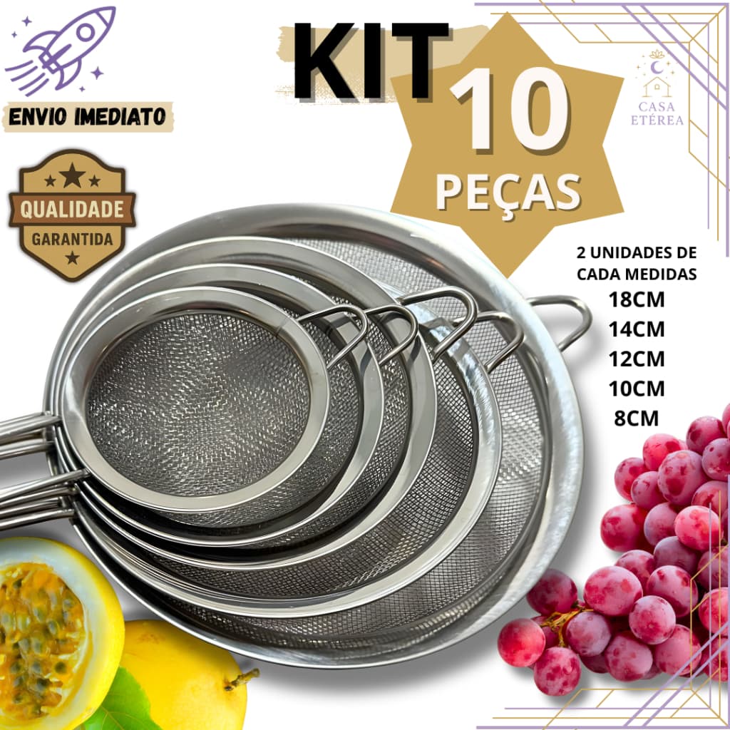 Kit 10 Peneiras de Aço Inox para Cozinha Confeitaria Peneirar Farinha Bolo Pão Escorrer Massas