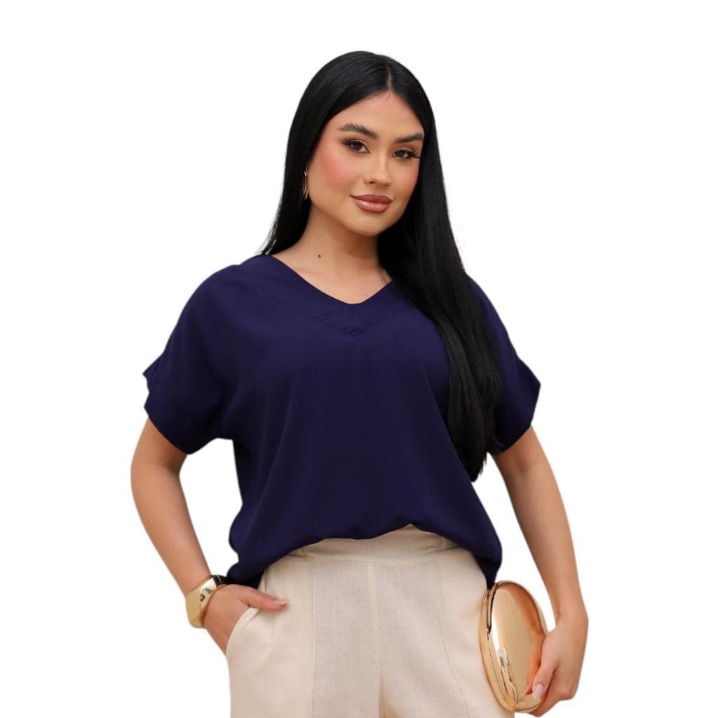 BLUSA FEMININA DECOTE EM V EM VISCOLINHO LISO