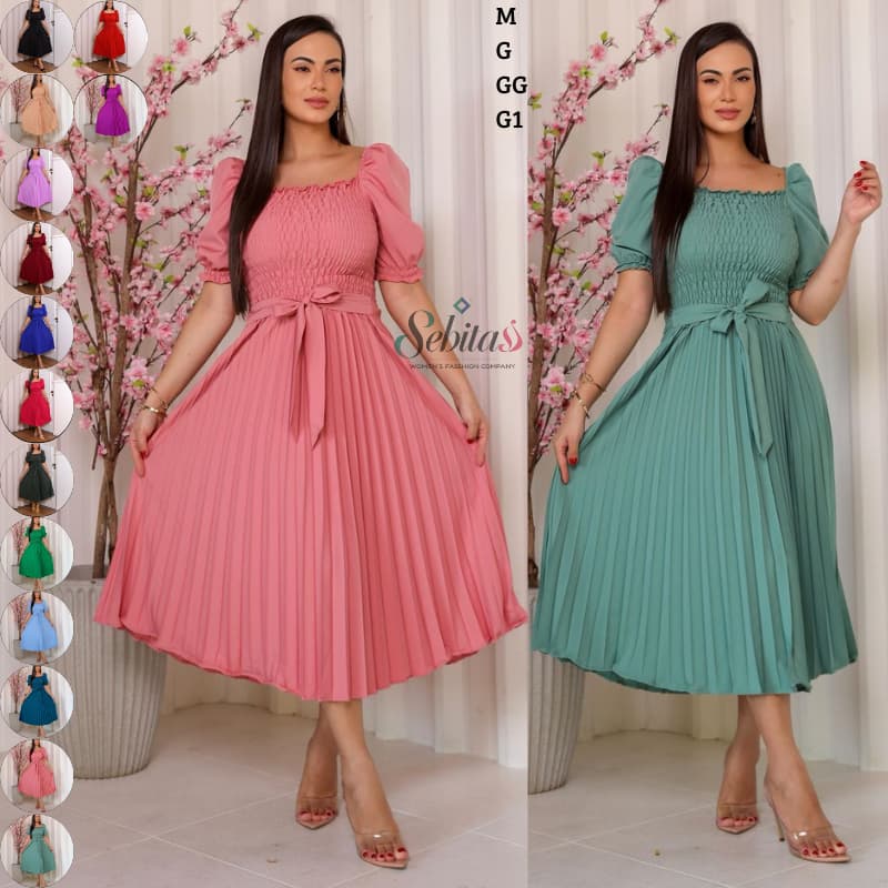 Vestido Plissado Liso Feminino Manga Bufante Com Elástex Plus Size Verão