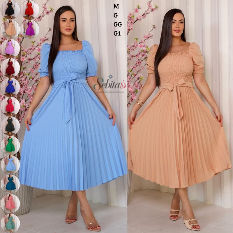 Vestido Feminino Liso Plissado Manga Bufante Com Elástex