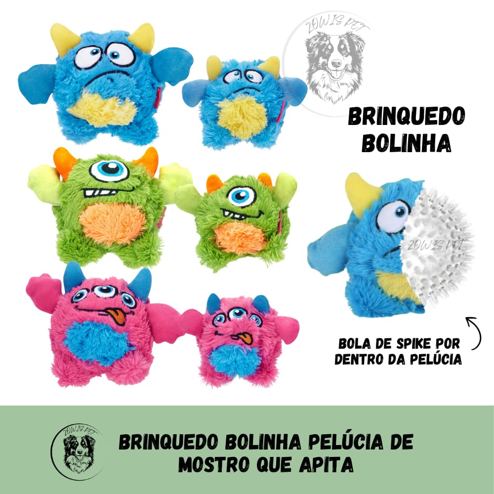 Monstro Baby Pelúcia com Bolinha Brinquedo para Cães Verde Azul e Rosa P e G - Qmonster - Petta
